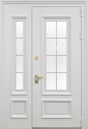 Входная остекленная термодверь с боковой вставкой, металлобагетом и белым полимерным окрашиванием